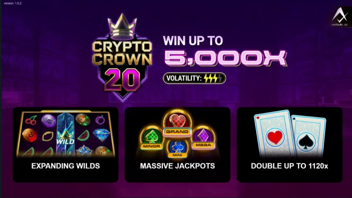 Tampilan visual slot Crypto Crown 20 dengan tema neon kripto